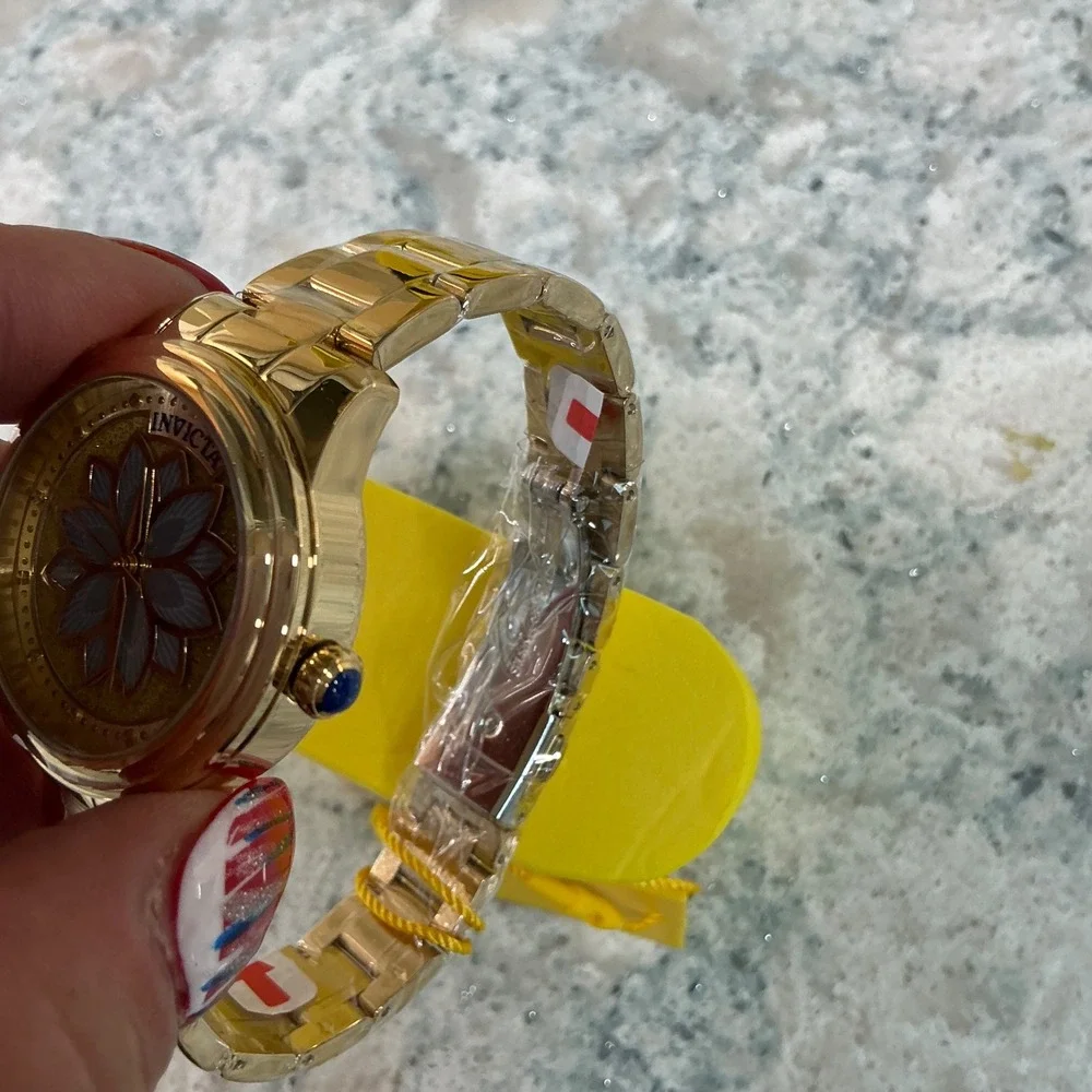 Invicta Watch Angel 37085 OS Gold Blue Floral Mother of Pearl Stainless Steel